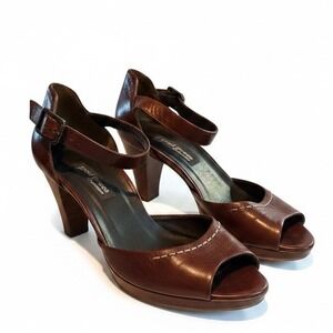 Paul Green Sandals 5.5 Brown Leather Ankle Strap Peep Toe Heels Dark Academia